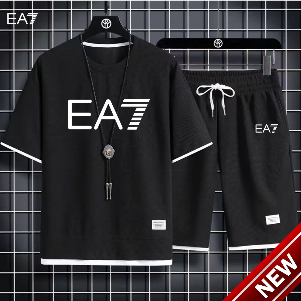 Summer new waffle style mens short sleeved suit mens Korean version youth handsome short sleeved shorts casual two-piece set trendy