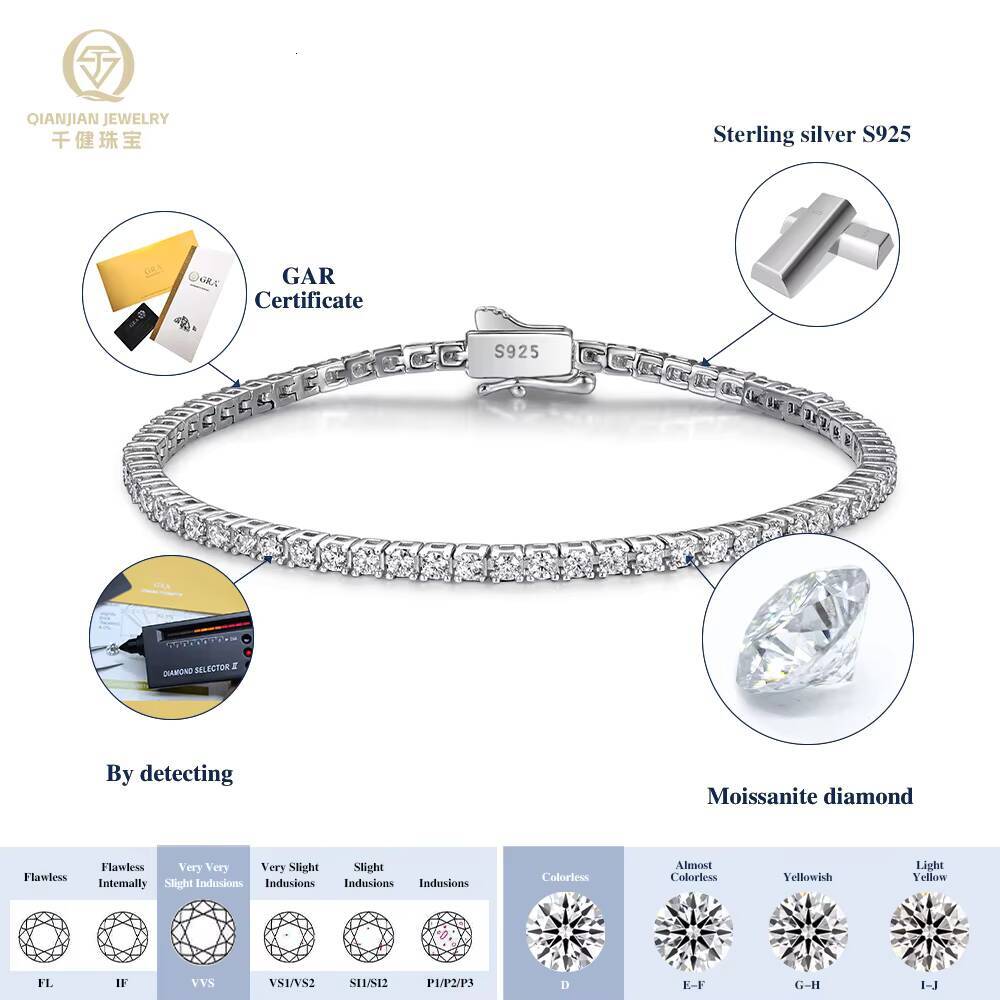 3mm 925 Silver Gold Plated Moissanite Tennis Bracelet 7 Inches Link Chain VVS Clarity GRA Certified Passes Diamond Tester