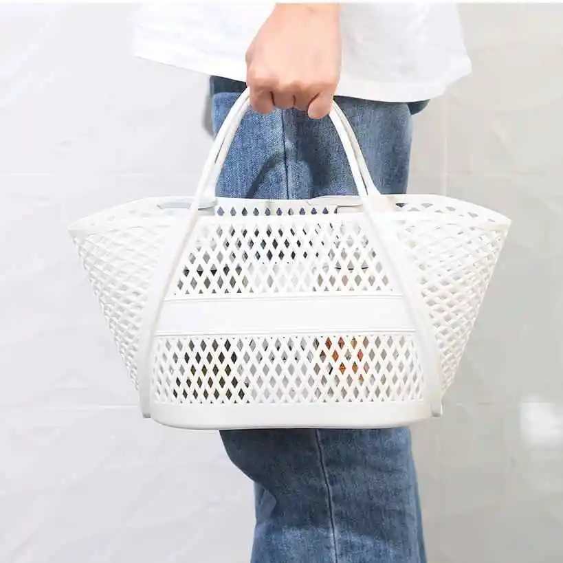 Summer PP beach handbag colorful hollow womens large capacity shopping handbag fashionable solid color basket handbag W250415