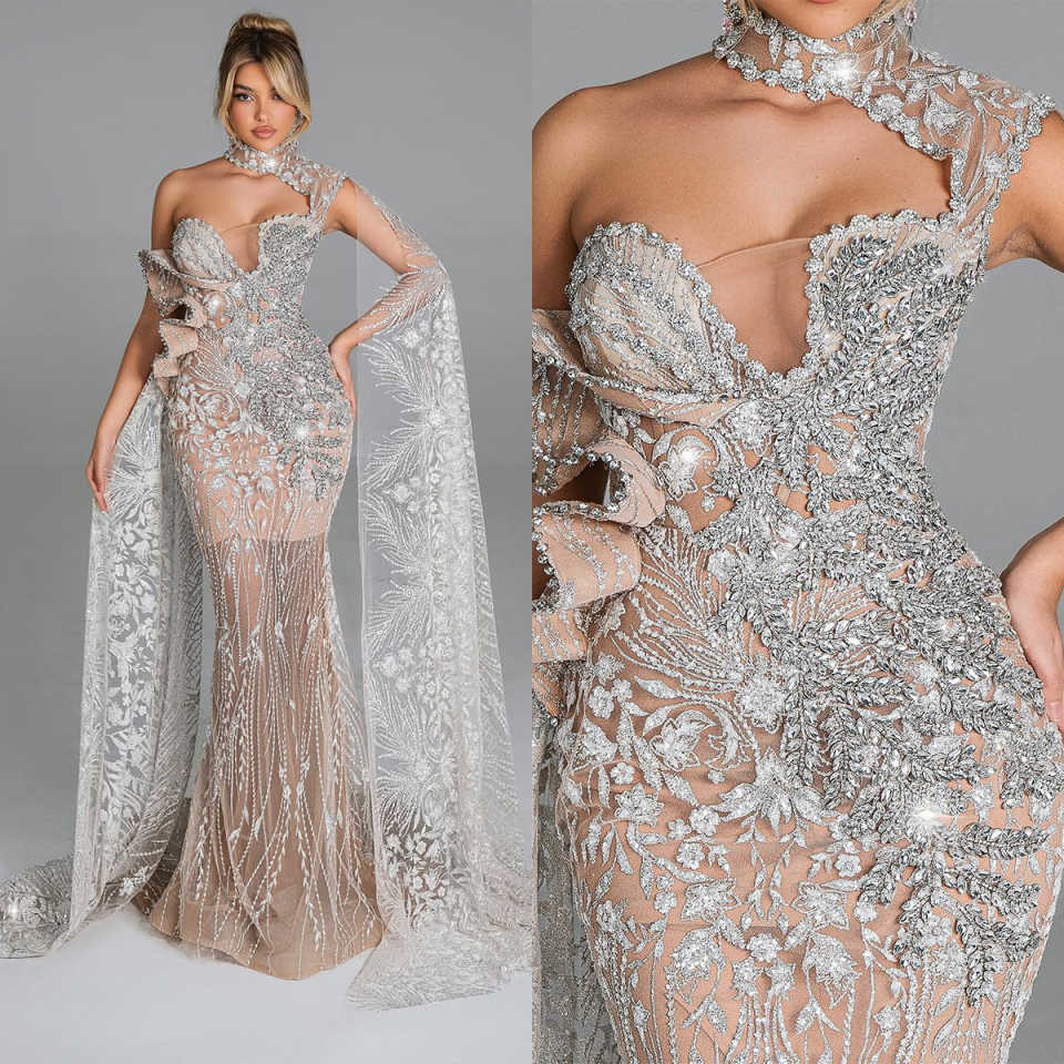 Mermaid Prom Gown Shine Crystal Evening Dress O-Neck Party Dresses Cape Sleeve Bridal Gowns Robes De Mariee Size Customized L241638