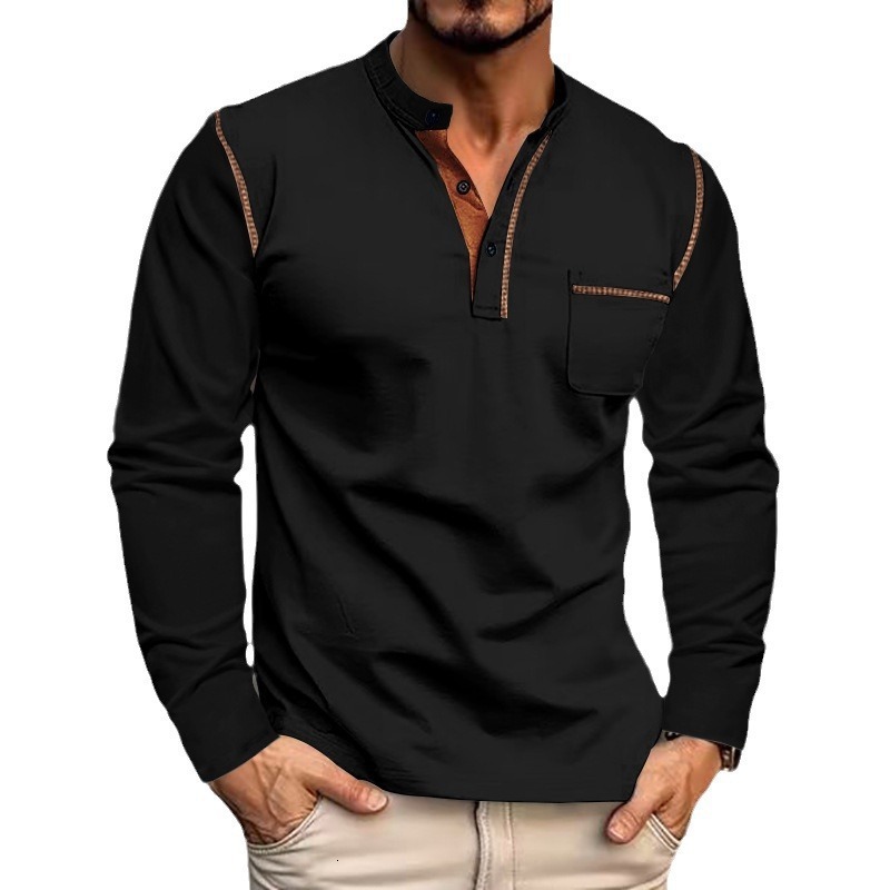 2025 Henry shirt long sleeved color blocked knitted casual T-shirt men's