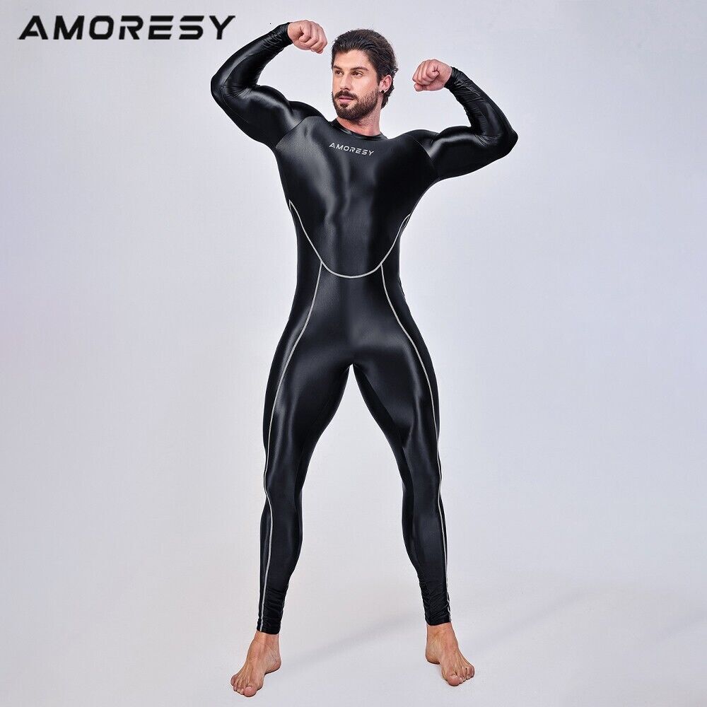 Men's Shiny AMORESY Glossy Bodysuit Jupsuits Fiess Overalls Sportswear Tights