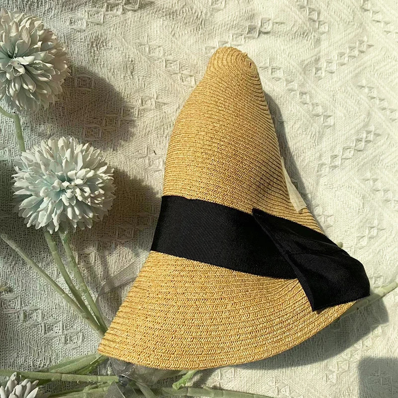 2025 Spring Summer Elegant Bow Sun Hats for Women Foldable Trave Straw Hat Panama Wide Brim Curlable Edge Anti Uv Beach Lady Cap 250407