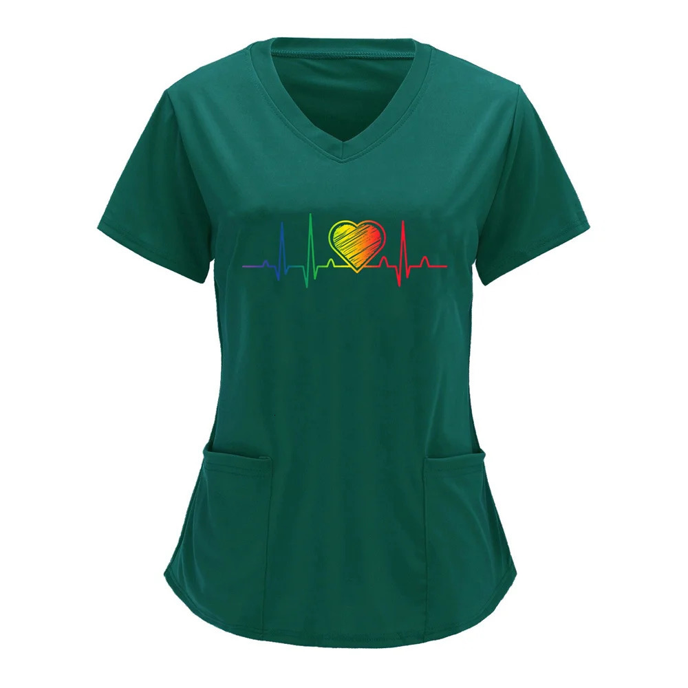Women T-shirt Working Uniform Print Pocket Pet Grooming Nurse Uniform Clothing Hospital Solid Short Sleeve Spa V-Neck Scrub Tops 250415