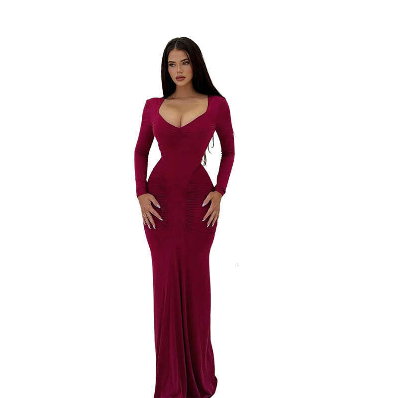 Women's Wear Spring New Women's Sexy Spicy Girl Sleeve V-Neck Solid Color High Waist Slimming Jumpsuit Long Dress