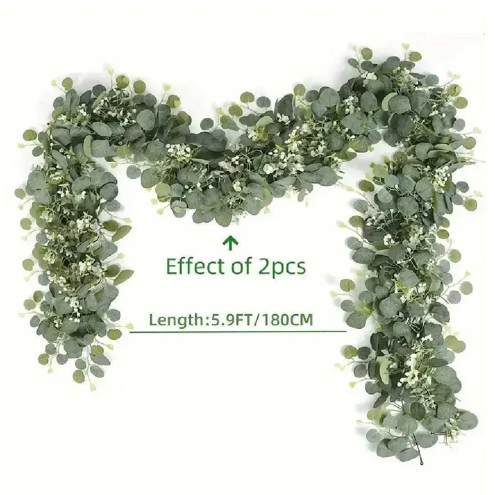 Lush 708 Faux Eucalyptus Garland With White Flowers - Perfect For Home Holiday Decor Wall Hanging Yard And Party AccentsM251115