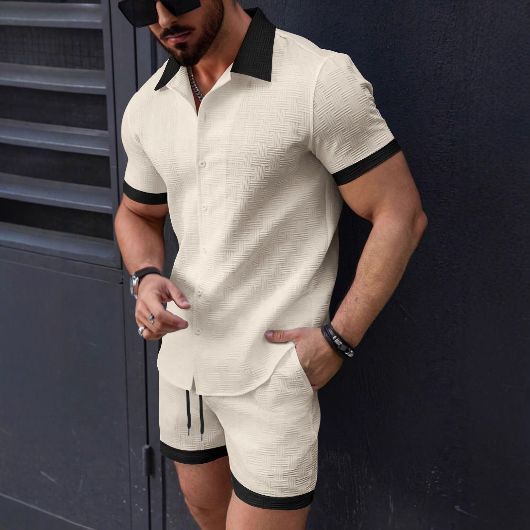 Summer mens shirt casual breathable color blocked short sleeved shorts beach set
