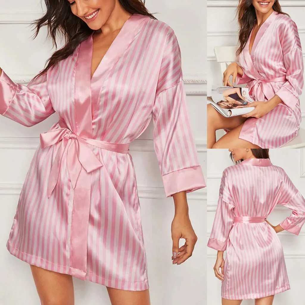 Women Satin Kimono Bathrobe Gown Summer V-Neck Nightgown Stripe Robe With Belt Bridal Wedding Sleepwear Loose Intimate Lingerie C251115