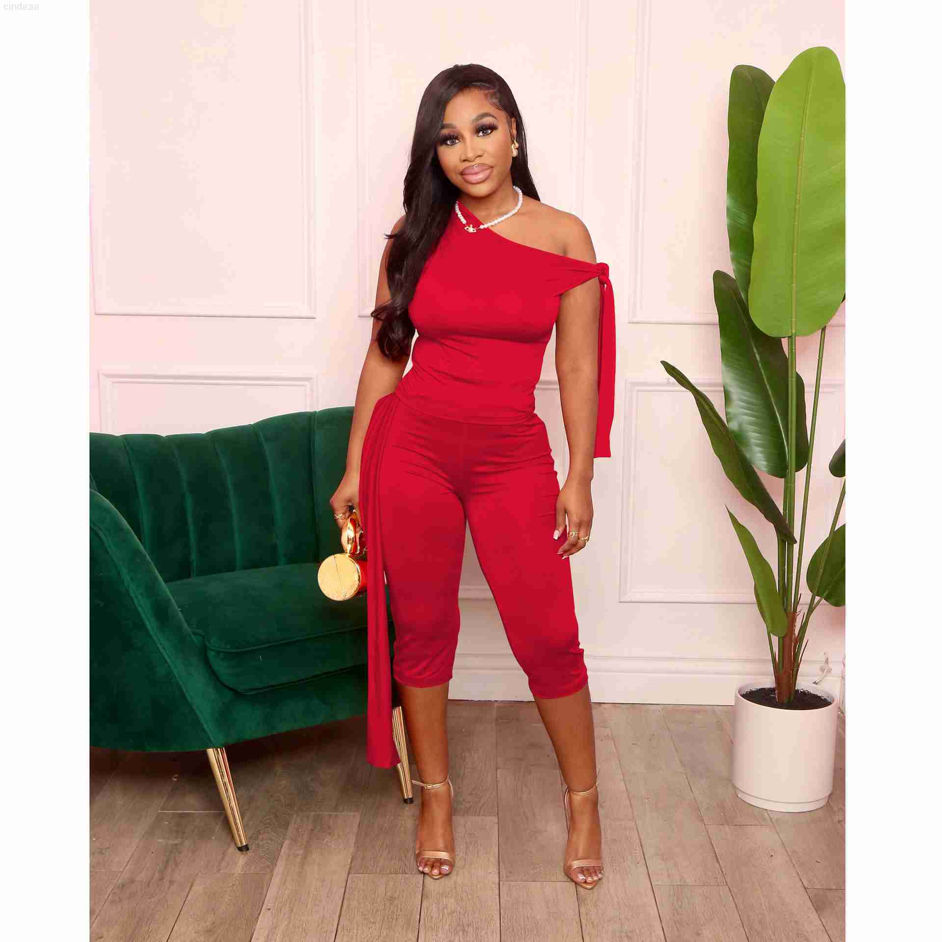 Womens Tracksuits Two Pieces Set 2025 Summer New Slant Shoulder Strap Casual Fashion Solid Color Set