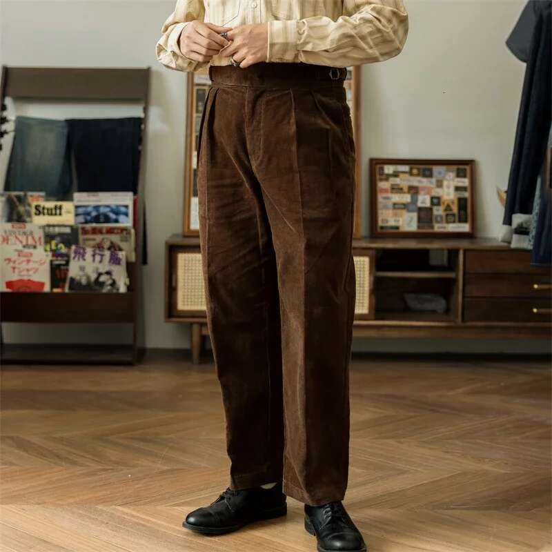Red Tornado Corduroy Casual Pants in Brown Retro Style Pleated Gurkha Trousers