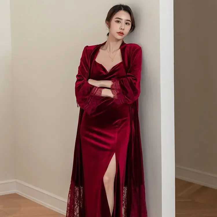 Sexy Lace Bride Wedding Robe Nightdress Set Burgundy Velvet Long Kimono Bathrobe Gown Autumn Winter Velour Homewear Lingerie C251115
