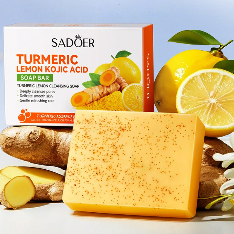 Lemon Turmeric Soap Handmade Deeply Cleansing Glowing Body Exfoliating Shower and Face Soap Body Care with Net 100g 251111