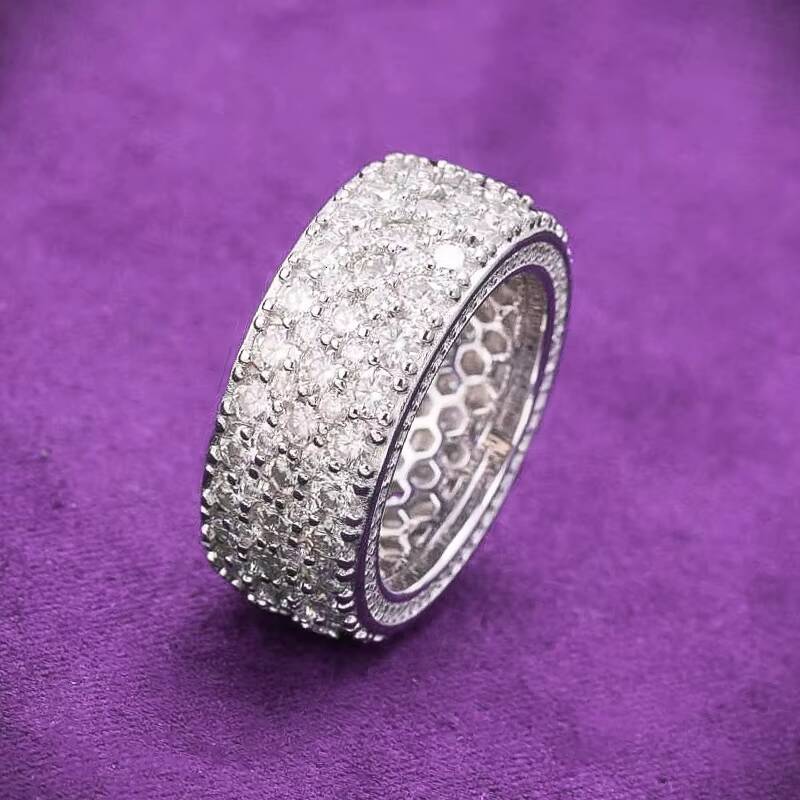 Luxury Hip Hop VVS D Color Moissanite Bling Mens Cluster 3 Rows Band Ring With 925 Sterling Silver Pass Diamond Tester GRA