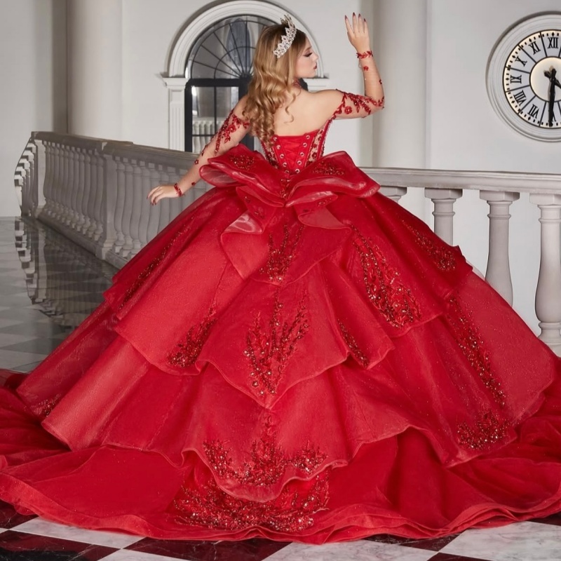 Red Quinceanera Dresses Off Shoulder Ball Gown Sweet 16 Dress Sequin Applique Lace Bow Beads Tull Birthday Party Vestidos 15 Anos
