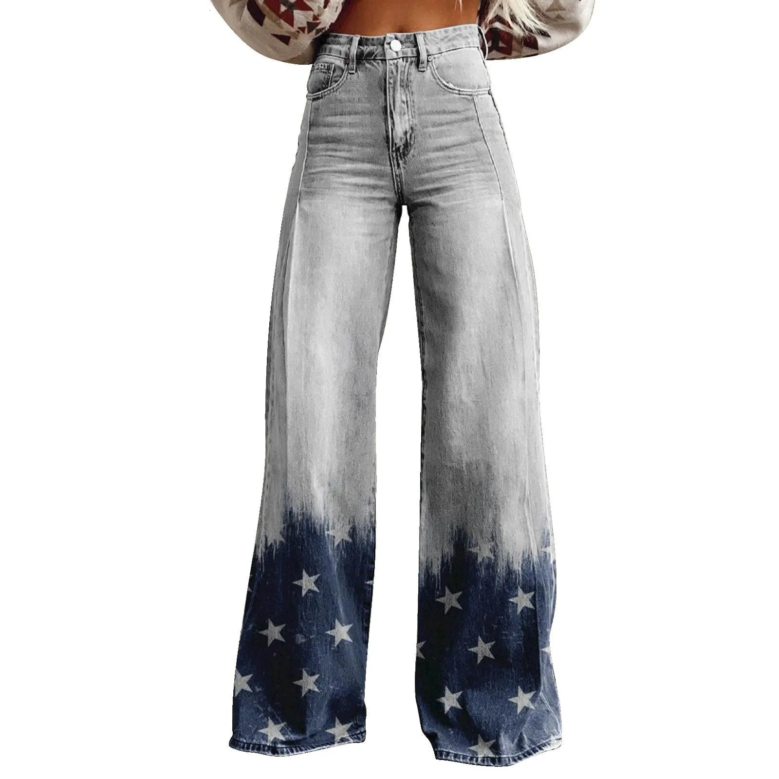 Womens wide leg Flare jeans with pockets retro floral print high waisted loose pants 250414