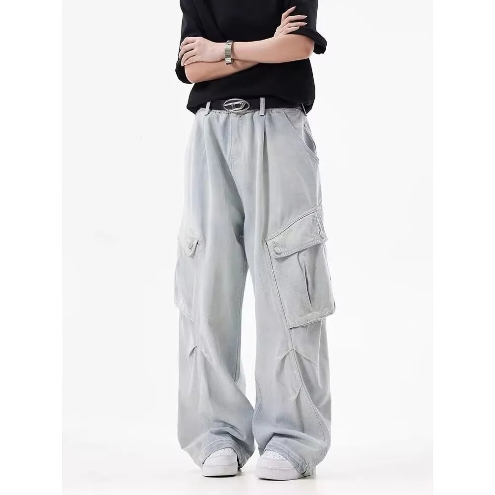 Utumn Winter Womens Cargo Jeans American Street Style Bagged Pants Blue Multi Pocket Wide Leg 250407