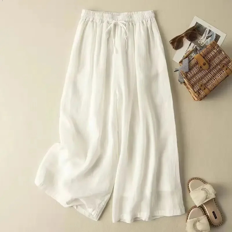 Fashionable cotton linen wide leg pants loose straight ankle length leather casual high waisted 2024 summer womens 250414Z