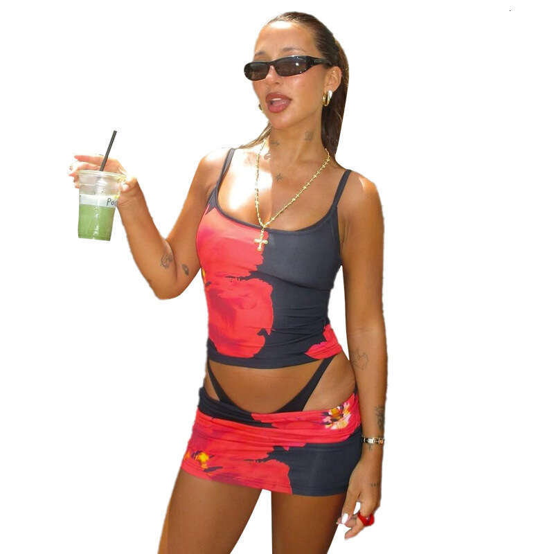 Women's Wear Spring New Women's Sexy Hot Girl Strap Style Flower Printed Slimming Hip Hugging Short Skirt Two Piece Set