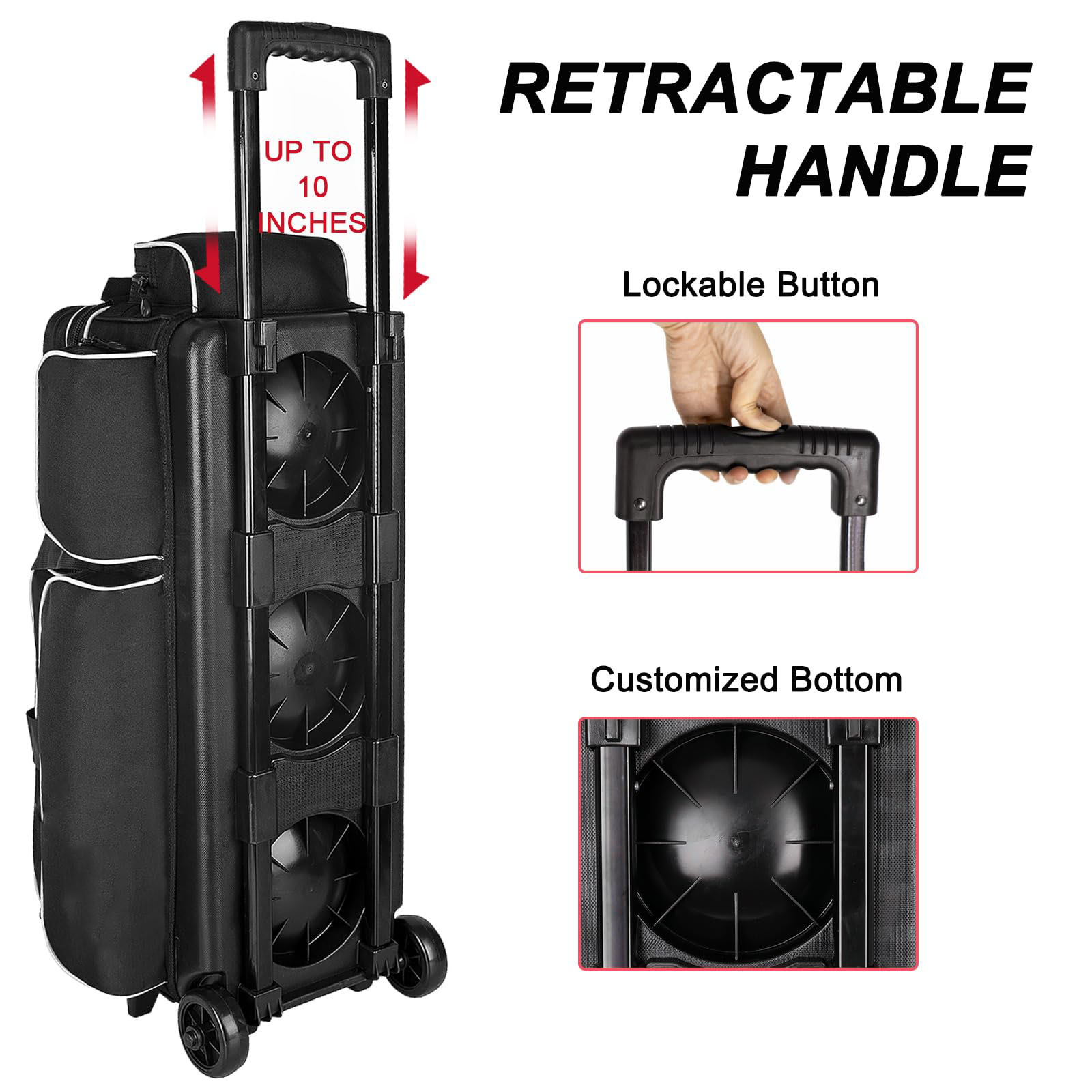 3 Bowling Ball Bag With Wheels - Rolling Bag for Balls & Accessories - Retractable Handle Extends to 38"