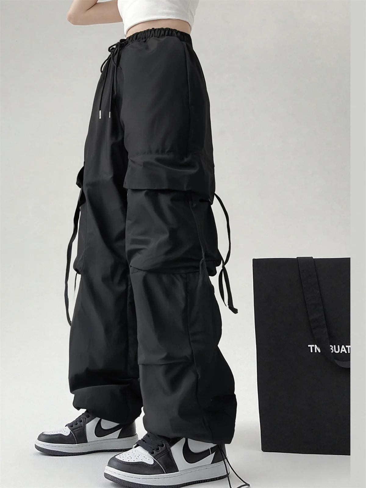 Womens high waisted cargo pants fashion pockets American retro solid mens spring and autumn hiphop clothing Y2K street 250414