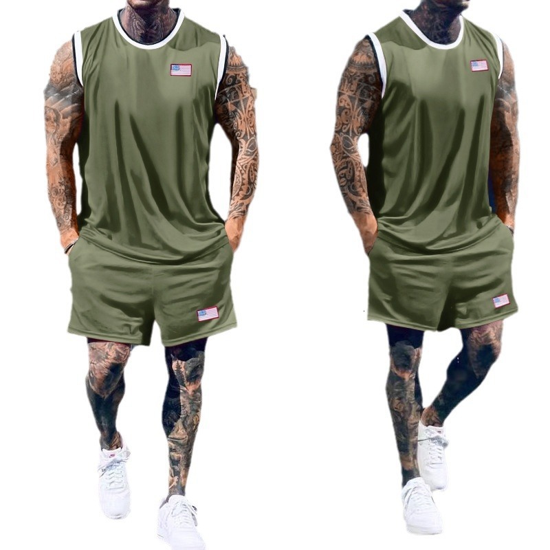 2025 Summer New Quick drying Mesh Tank Top Shorts Sport Set for Sports Men's Wear