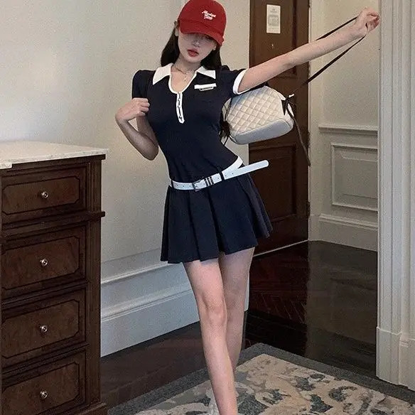 American retro sweet and spicy polo neck womens clothing summer small college style ultra-thin sports skiing 250415