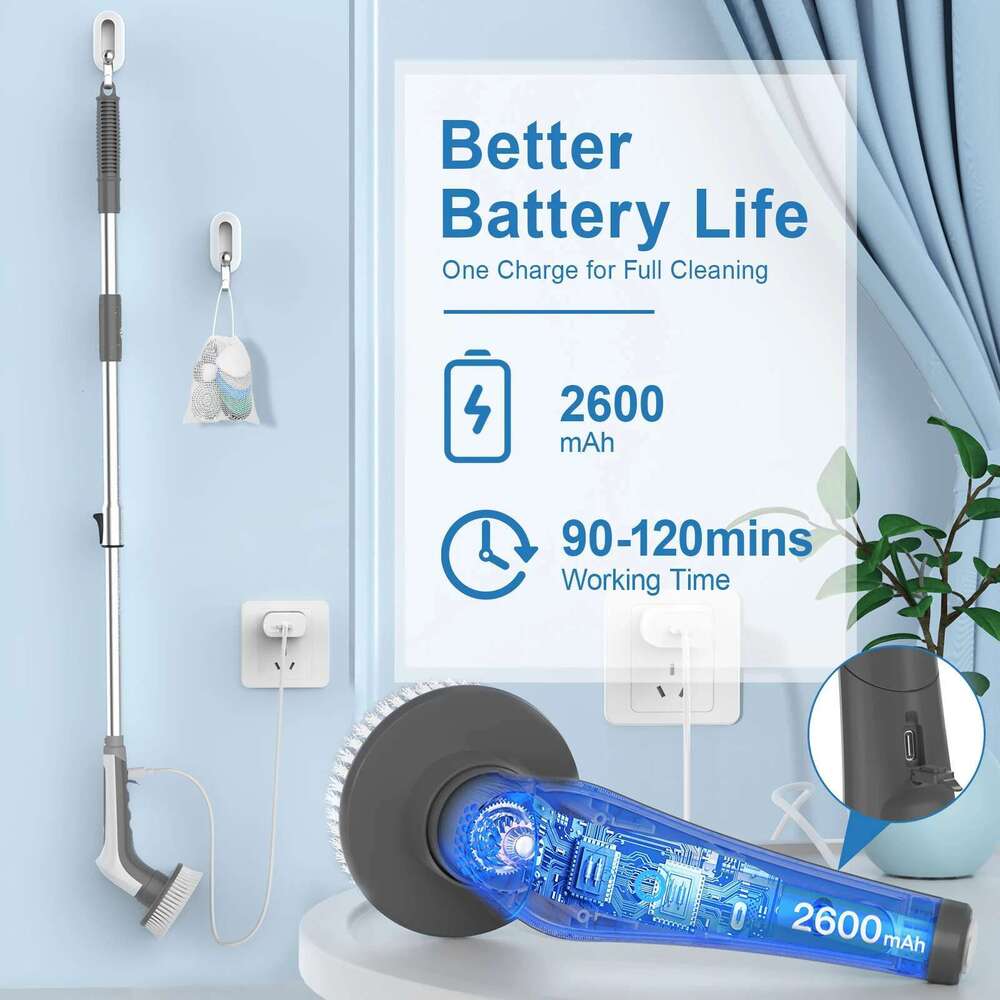 Electric Rotary Scrubber, Ipx8 Waterproof Rechargeable Power Scrubber For Cleaning Bathrooms, Showers, Bathtubs And Kitchens
