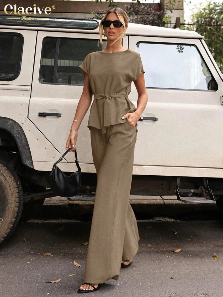 Clacive Summer Loose Khaki Womens Two Piece Set Fashion Short Sleeve Shirt High Waist Wide Pants Set Womens Clothing 250415