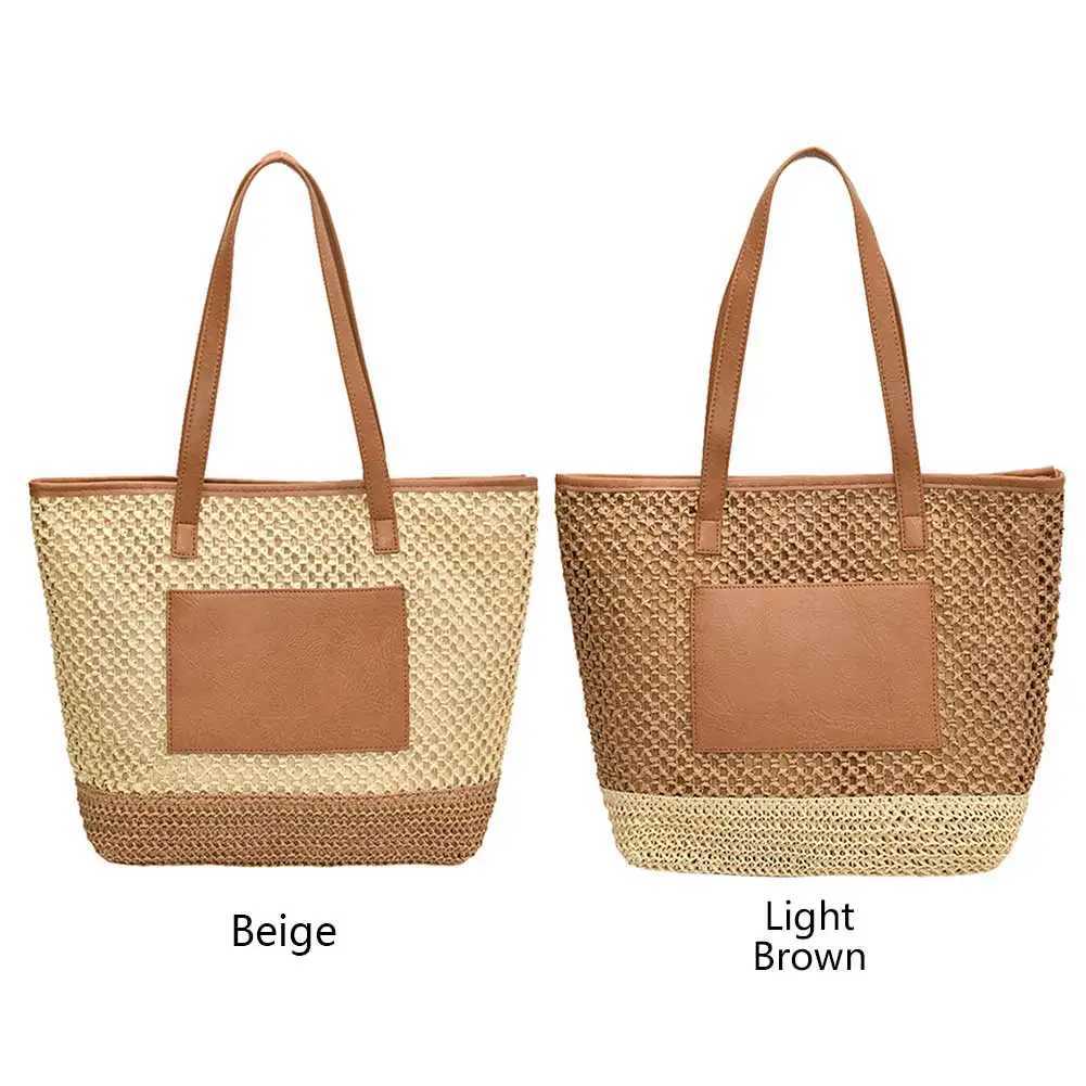 Womens Bohemian Shoulder Bag Large Capacity Straw Bag Handbag Contrastive Color Crochet Beach Bag Womens Summer Daily Bag W250415