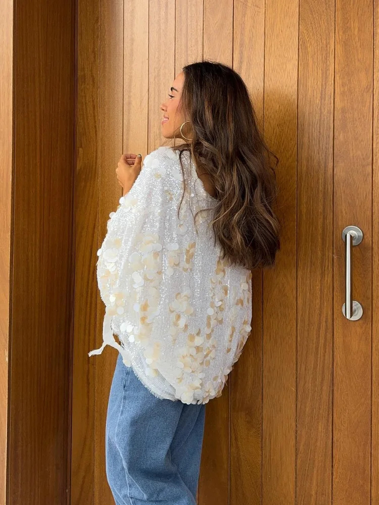 Women Fashion Sequin Lace Up Jackets Elegant V-neck Long Sleeve Shining Cardigan Coats 2025 Spring Female Chic High Street Tops 250410