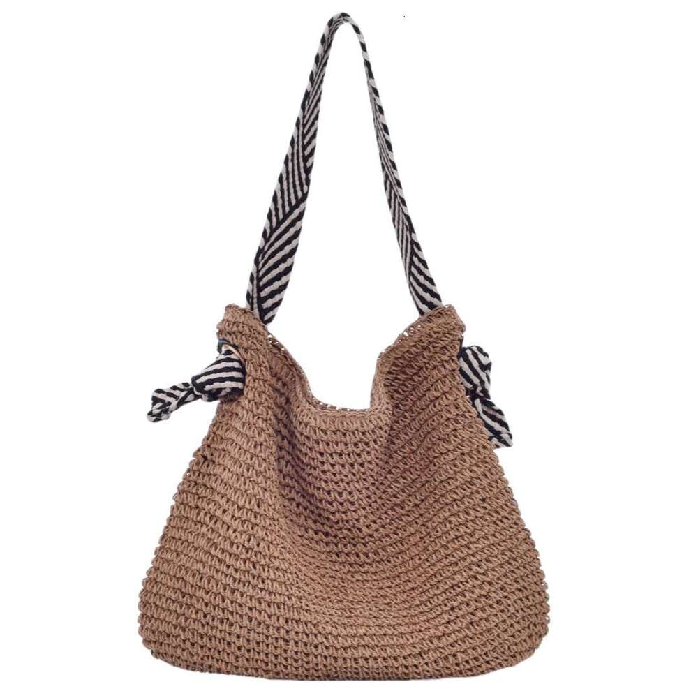 Handmade Beach Bag Navy Handmade Grass Woven Crochet Versatile Vacation Beach Ocean Style Black And White Strap Single Shoulder Women's Bag Kq2