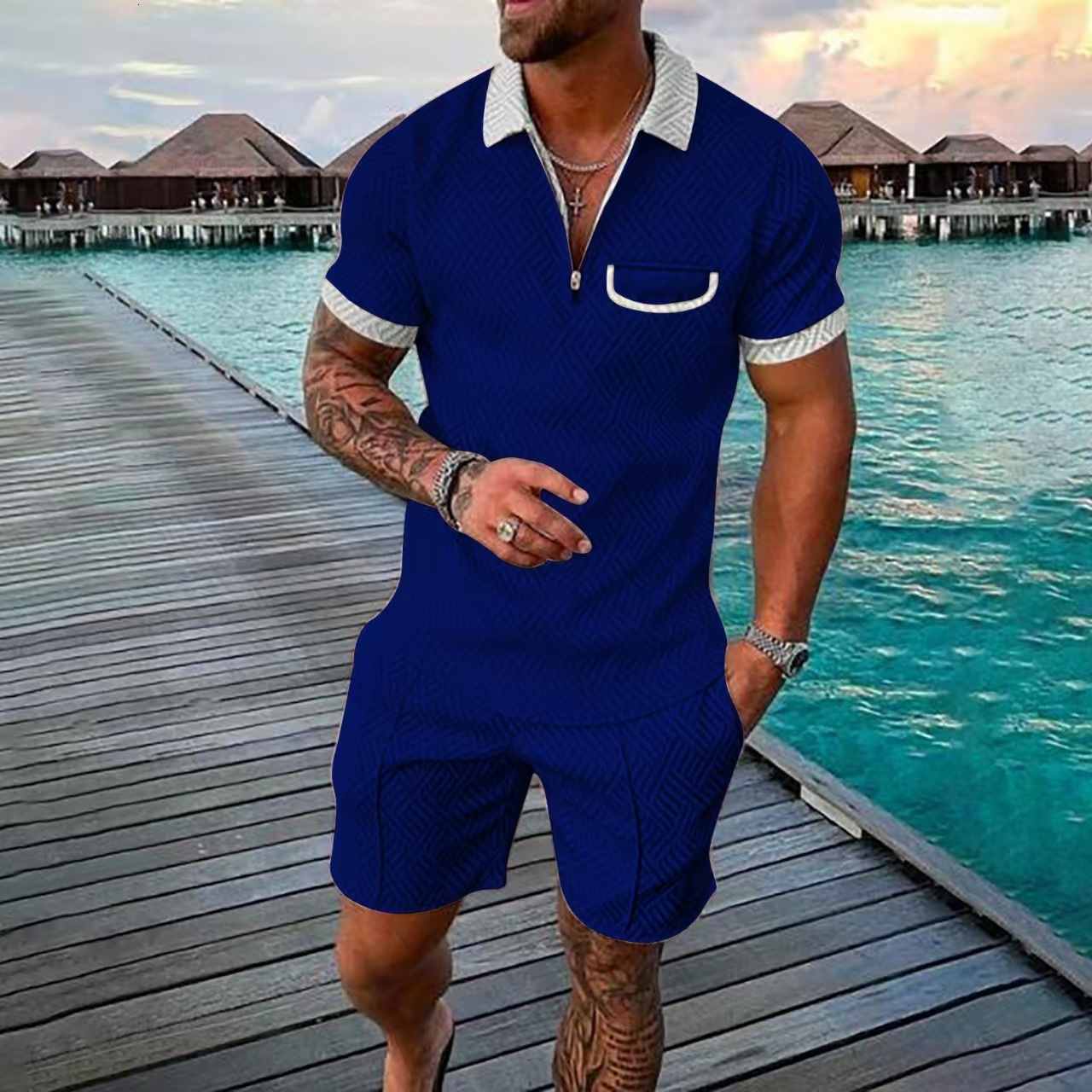 New Mens Fashion Casual Set 3D Digital Printed Zipper Short Sleeve Mens Shorts