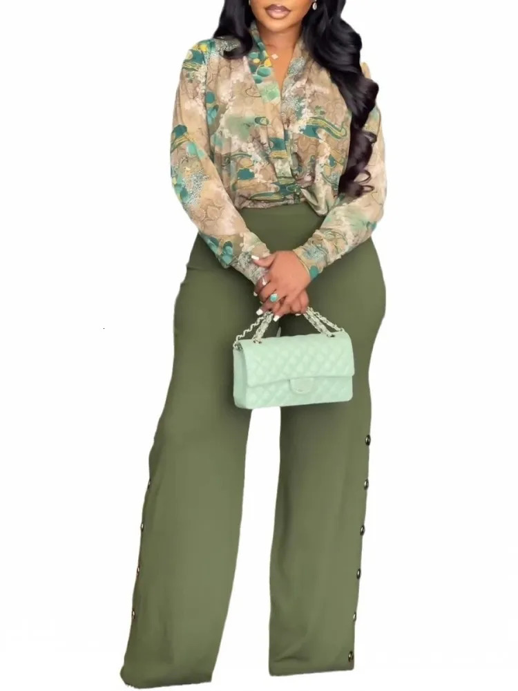 2 Pieces Set Sexy Plus Size Spring Autumn Fashion Women Set Female Tops Long Sleeve Shirt Tops And Pants Suit Matching Outfit 250410