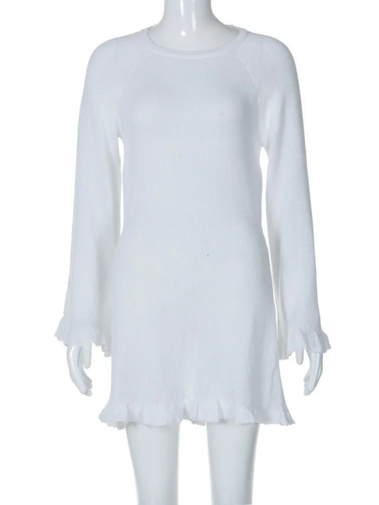 Taruxy Sexy Backless Knitted Mini Womens Lace Long Sleeve Solid Short Dress Club High Waist Dress Womens 250415