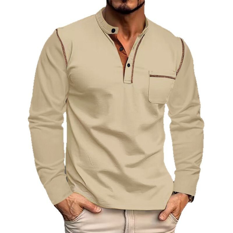 2025 Henry shirt long sleeved color blocked knitted casual T-shirt men's