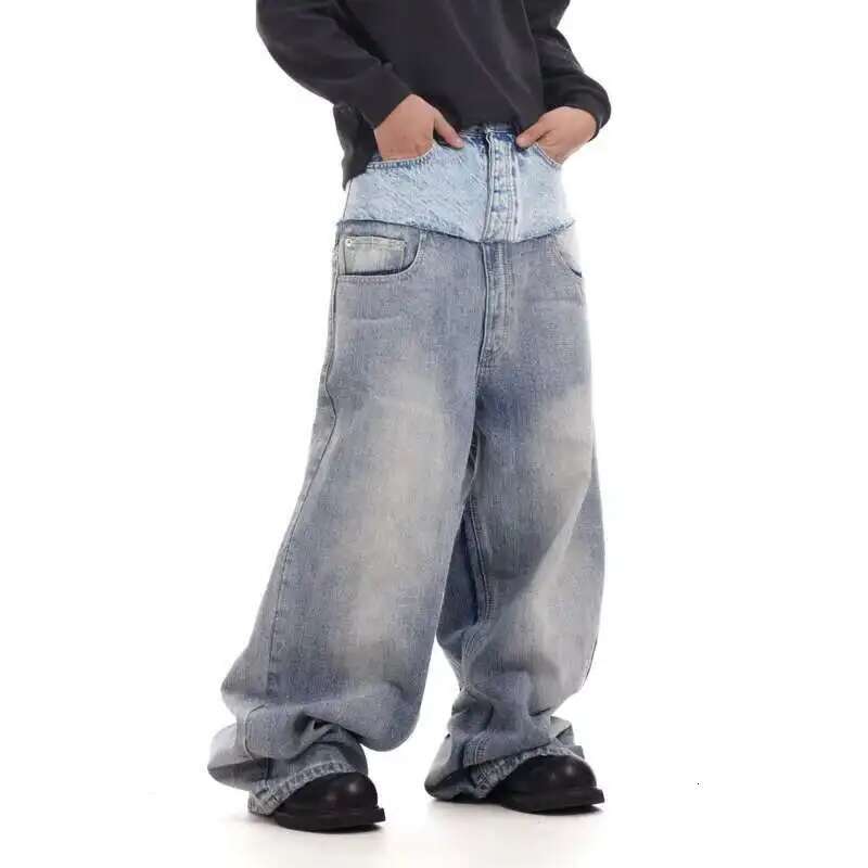 Niche Colorblock Patchwork Wide Leg Blue Jeans Men's Spring 2025 New Straight Double Waist Design Denim Trousers 28W6048