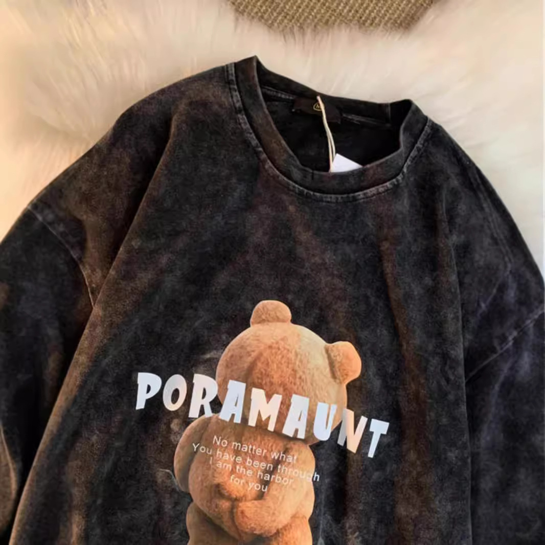 2025 Designer Women's Washed Off Shoulder T-shirt Short Teddy Bear Printed Short Sleeve T-shirt Fashion Brand Summer Loose Couple Half Sleeve Top