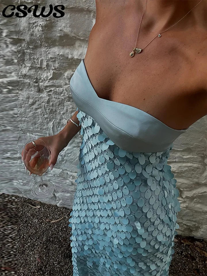 Sexy Sequined Long Dress Women Patchwork Solid Tube Top Sleeveless Party Dresses 2025 Summer Lady Slim Vacation Backless Robes 250409