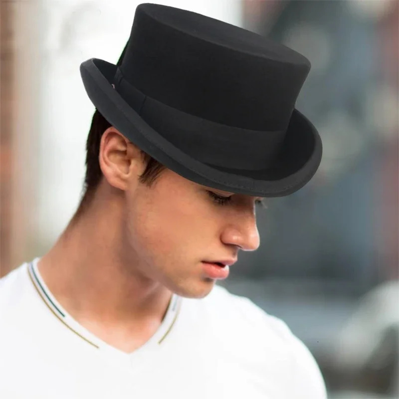 Roll Brim Fedora Hat for Adult Fashion Black Color Panama Hat Magician Wool Hat Cosplay Costume Unisex Flat Top Hat 6XDA 250407