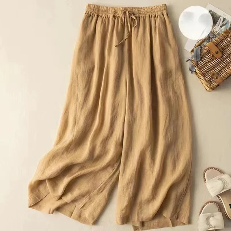 Fashionable cotton linen wide leg pants loose straight ankle length leather casual high waisted 2024 summer womens 250414Z