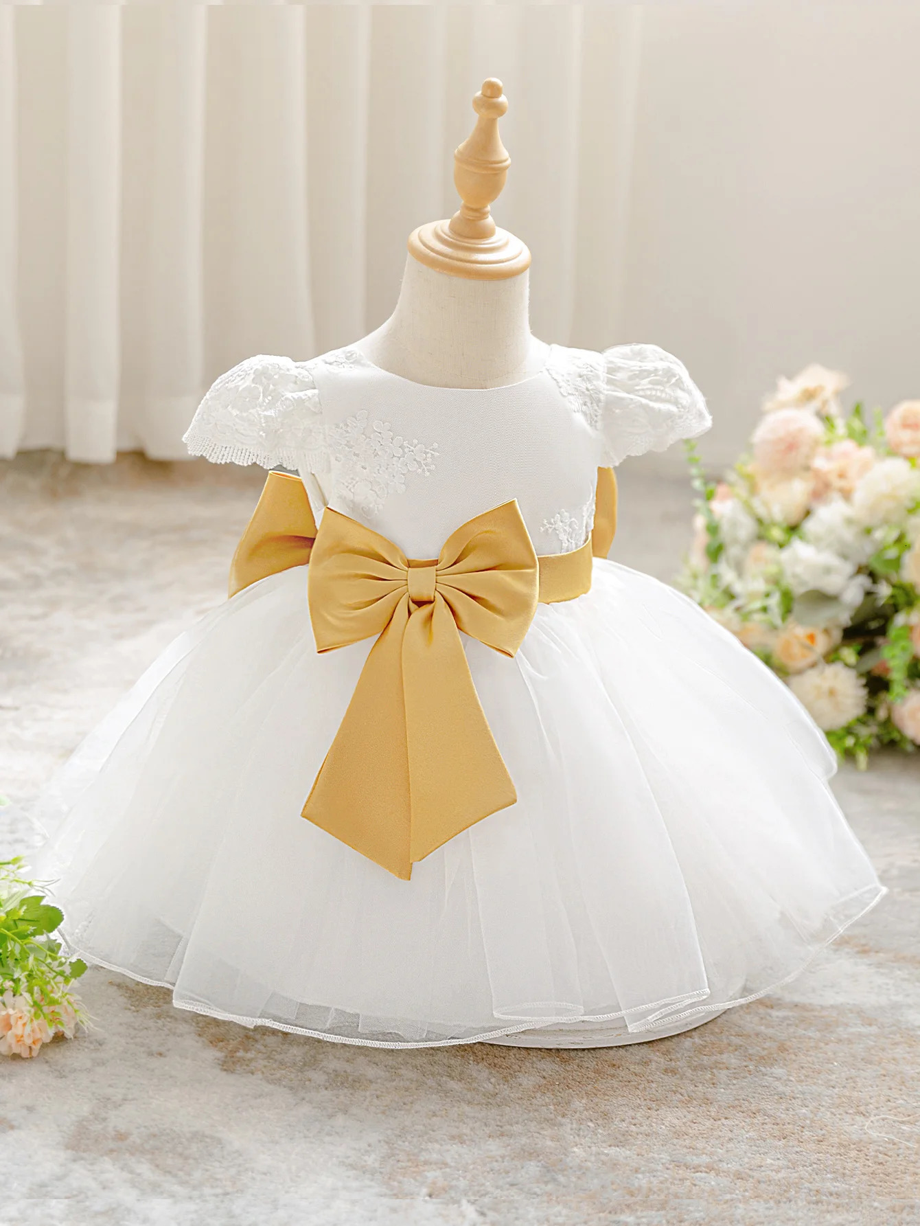 Infant Bow Baptism Party Girls Dress Elegant Baby 1st Birthday Wedding Princess Costume Kids White Bridesmaids Christening Dress 250415