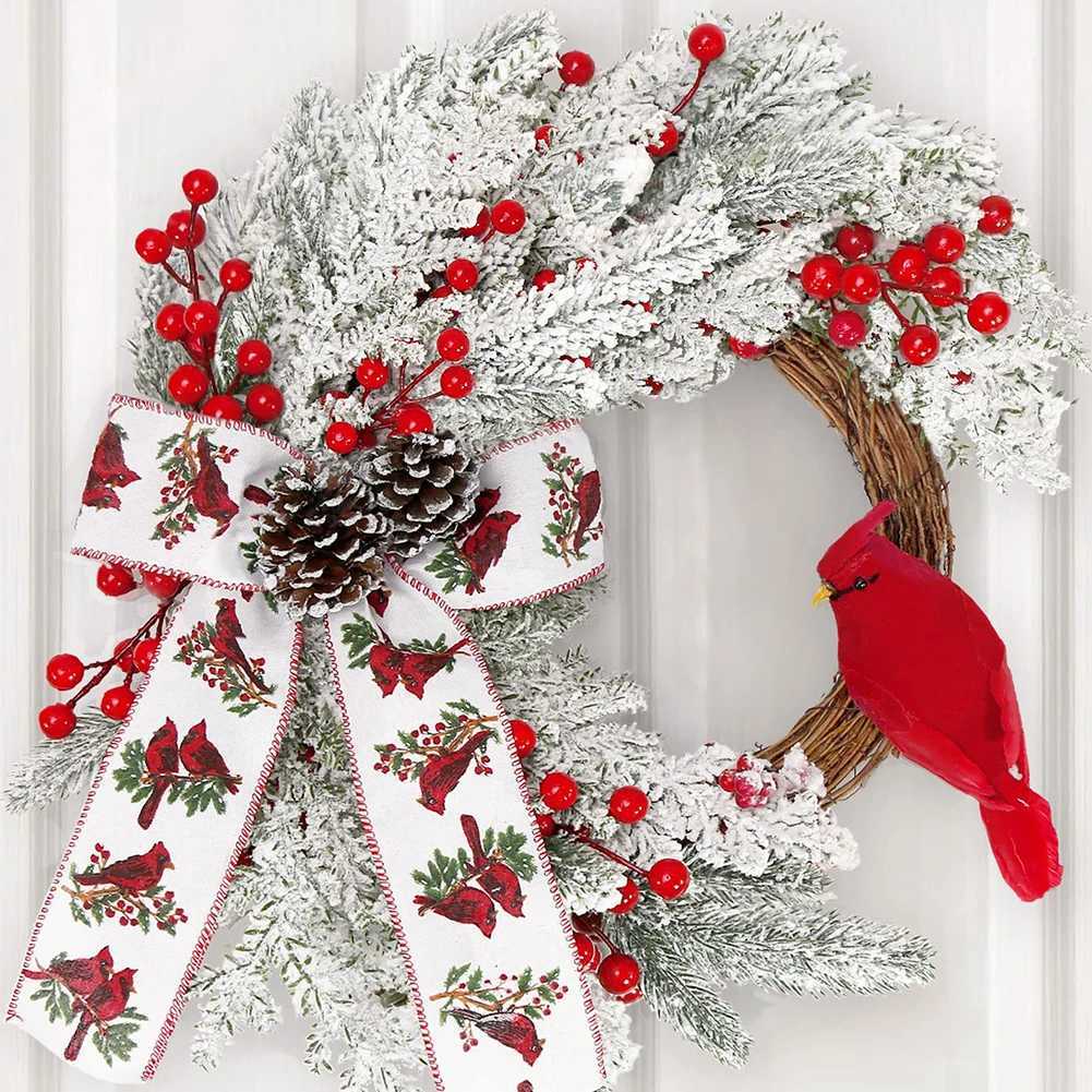 Christmas Tree Wreath Red Berry and Cardinal Bird Christmas Decoration Xmas Decor Wreath for Door Mirror Window Wall Home DecorM251115
