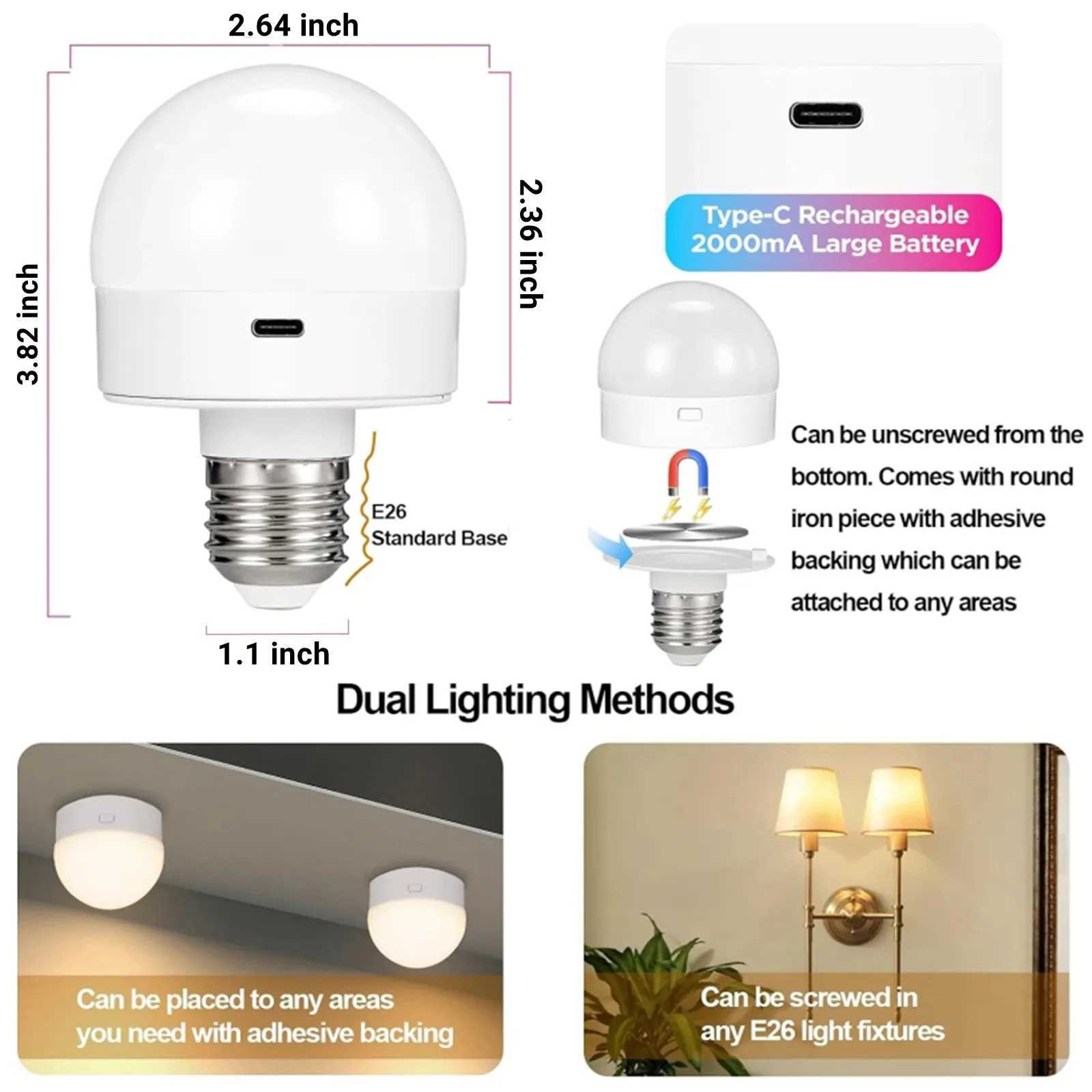 2PCS Rechargeable Light Bulbs Remote Control Battery Operated Light Bulb with Timer Dimmable 3 Color Temperatures C251115