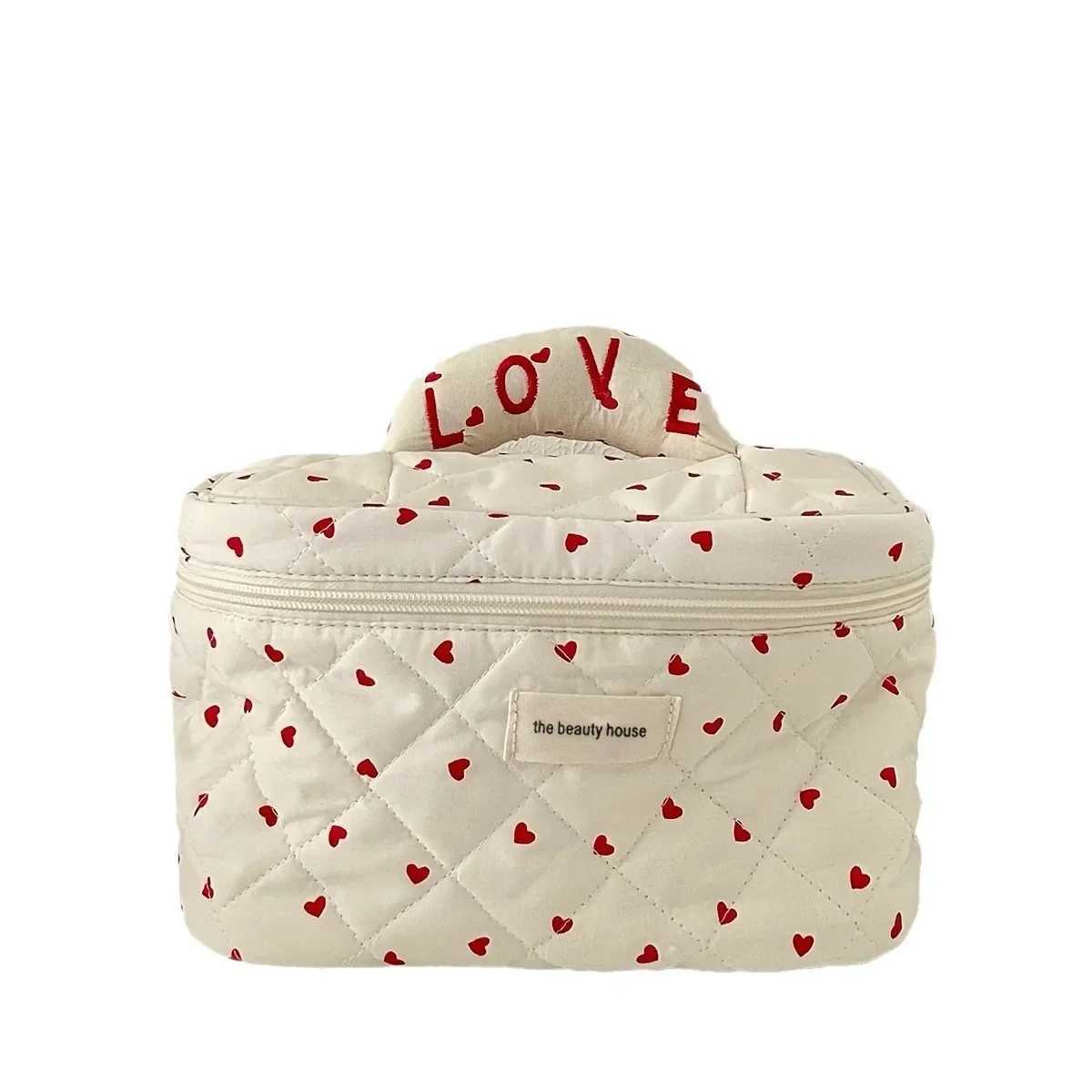 Love Mini Heart Print Soft Cotton Cosmetic Bags Korean Ins Storage Makeup Bag Womens Portable Travel Organizer Makeup BagXJ250415