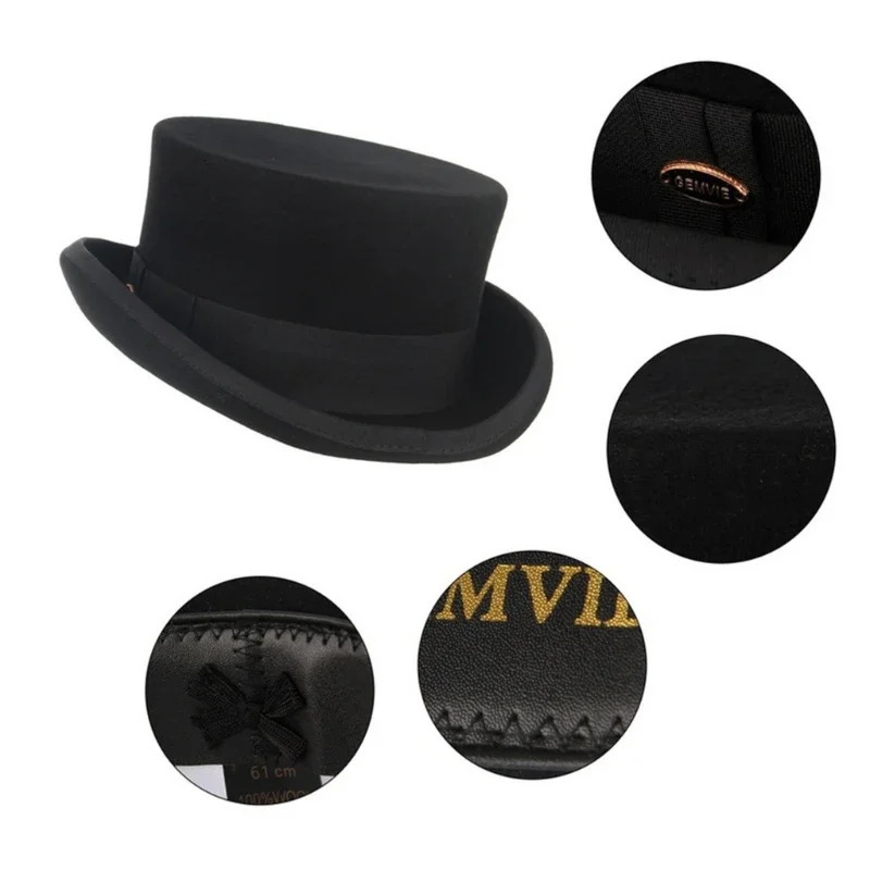Roll Brim Fedora Hat for Adult Fashion Black Color Panama Hat Magician Wool Hat Cosplay Costume Unisex Flat Top Hat 6XDA 250407