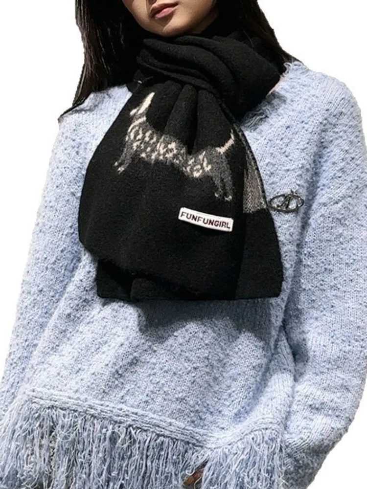 Luxury UCXQ Korean Leopard Dog Pattern Scarf For Women Fuzzy Texture Quadrilateral Knit Scaves 2025 Autumn New Tide 23Z3476 Y251115