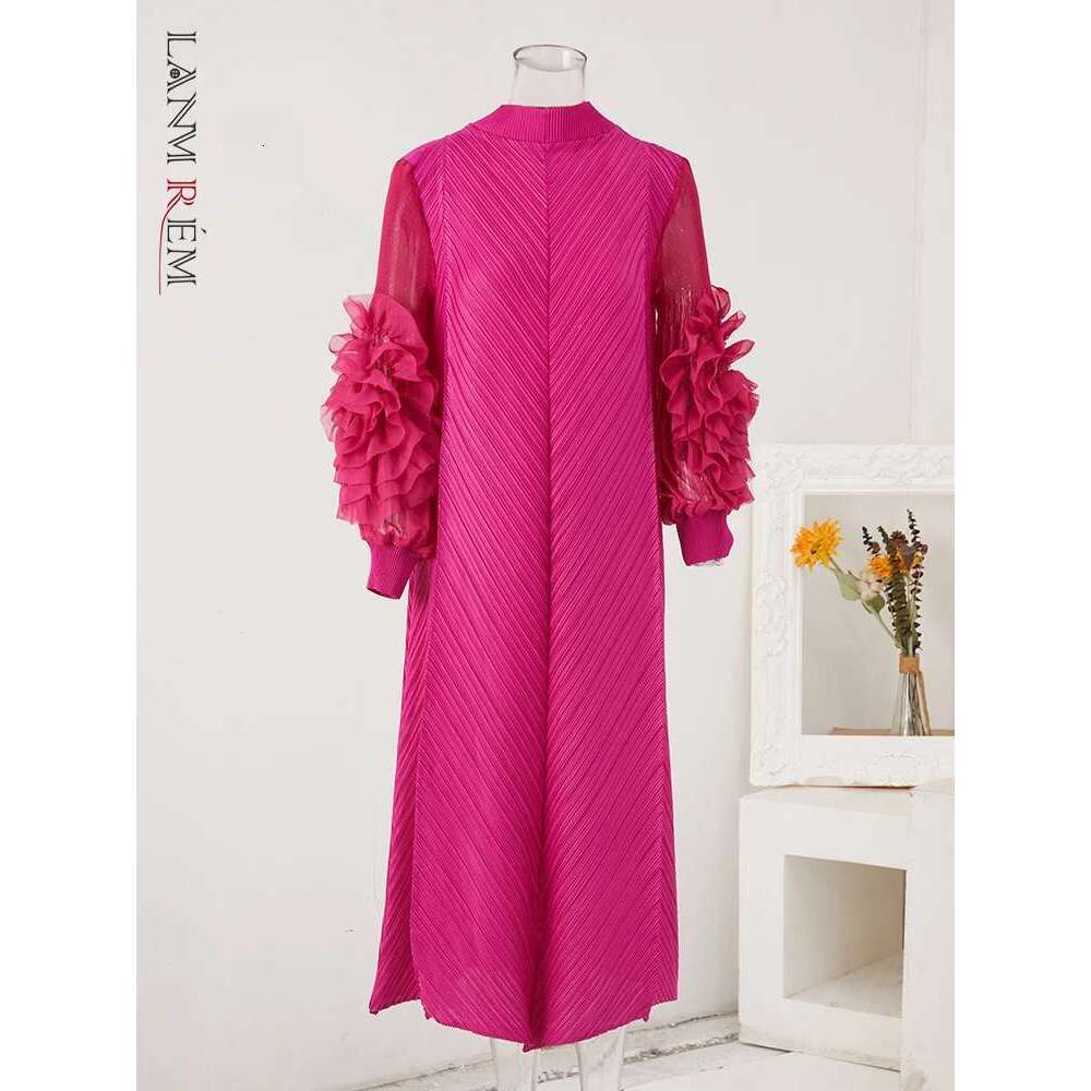 LANMREM Maxi Pleated Dress Round Neck Spliced Fungus Full Sleeve Dresses For Women 2025 New Spring Clothing 2Qa1331