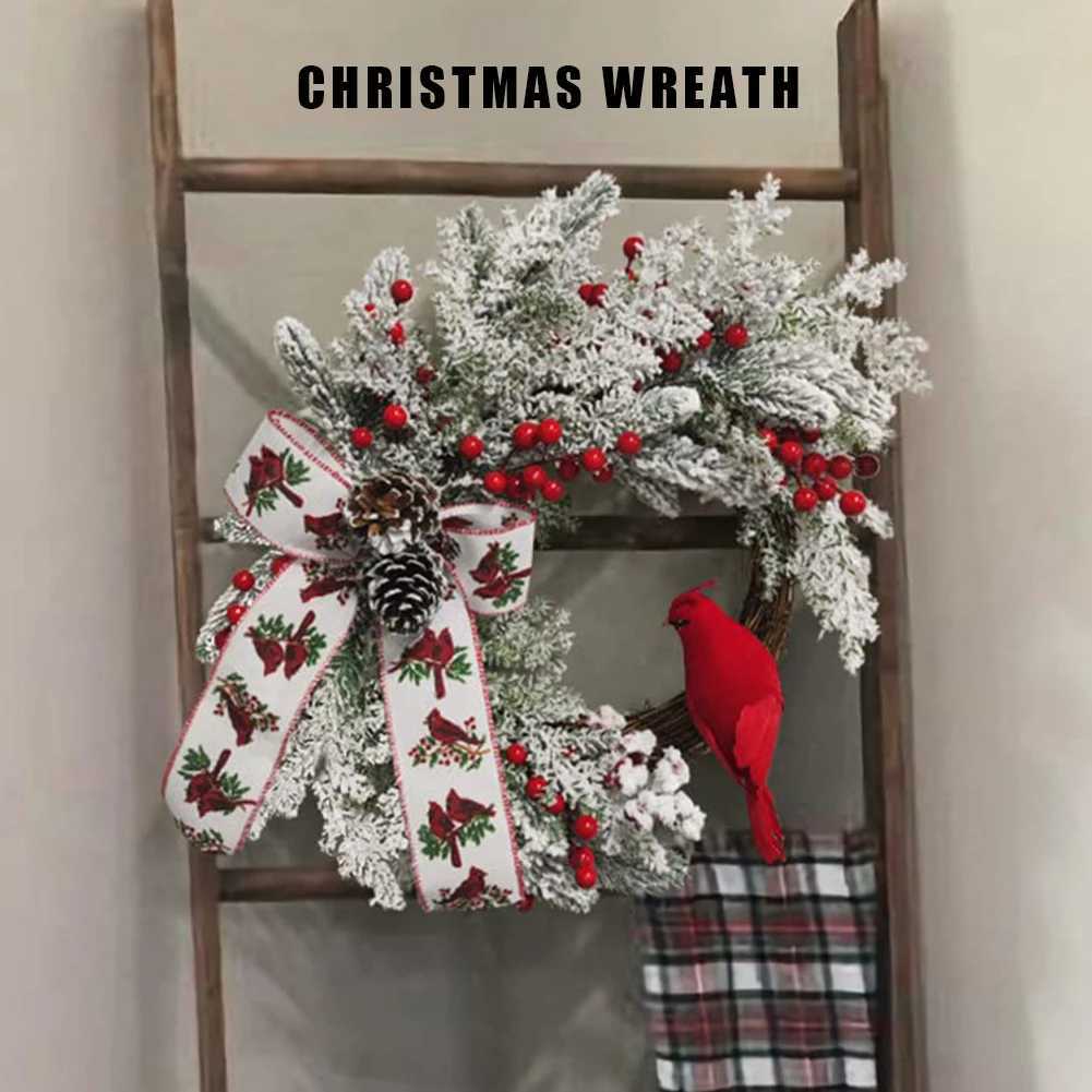 Christmas Tree Wreath Red Berry and Cardinal Bird Christmas Decoration Xmas Decor Wreath for Door Mirror Window Wall Home DecorM251115