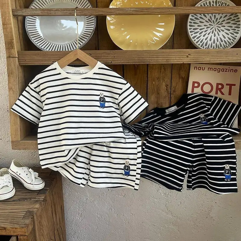 Summer Baby Striped Short Sleeve Clothes Set Cute Bear Infant Casual T Shirts Shorts 2pcs Suit Cotton Toddler Outfits 250415