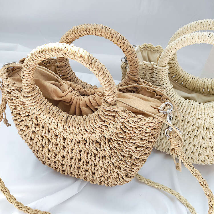 Handmade Beach Bag New Paper Rope Fashion Versatile Hand-Held Crossbody Small Round Bucket Hand Grass Woven Bag Kq2